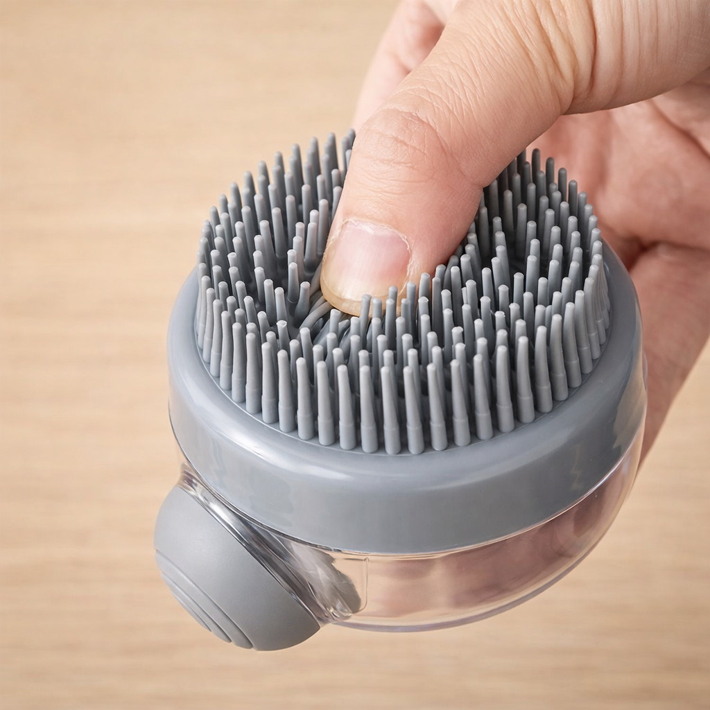 Brosse de bain pour chien avec distributeur de savon