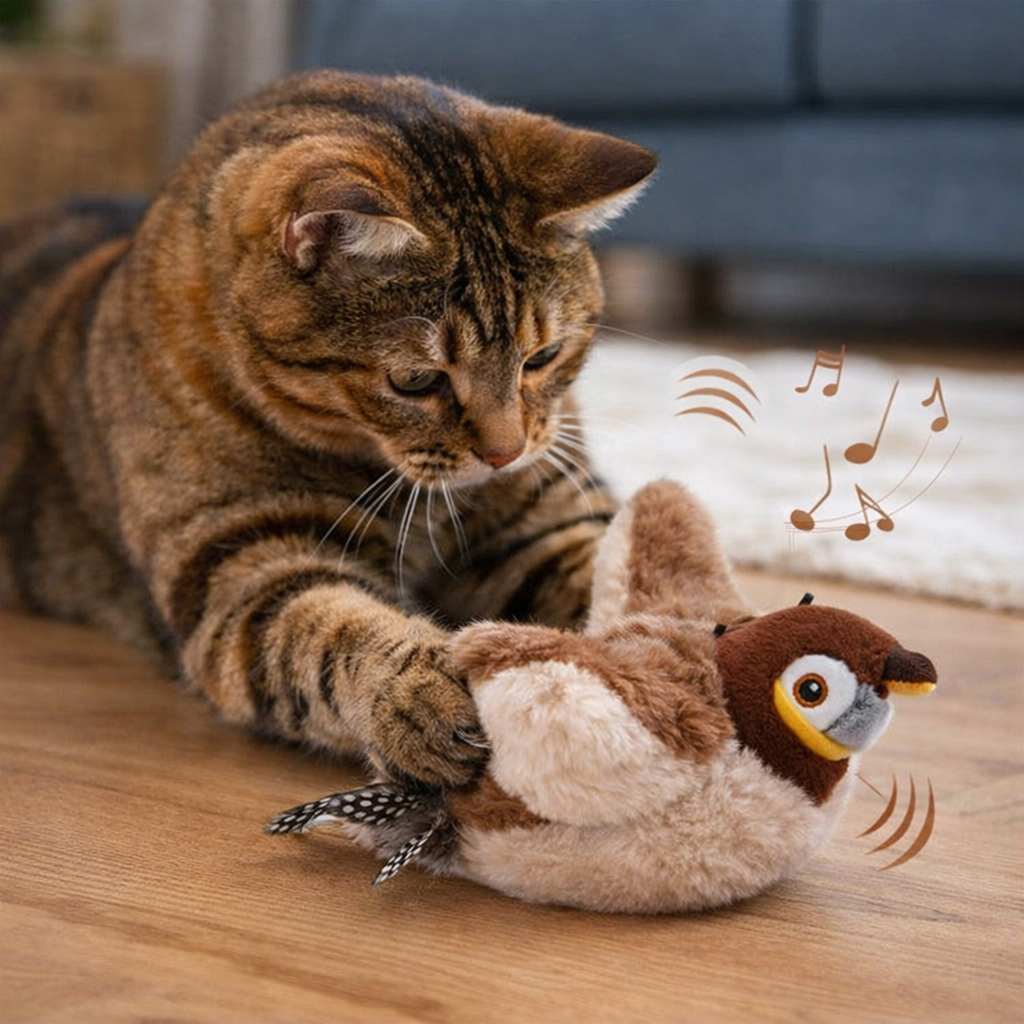 Oiseau en peluche pour chats