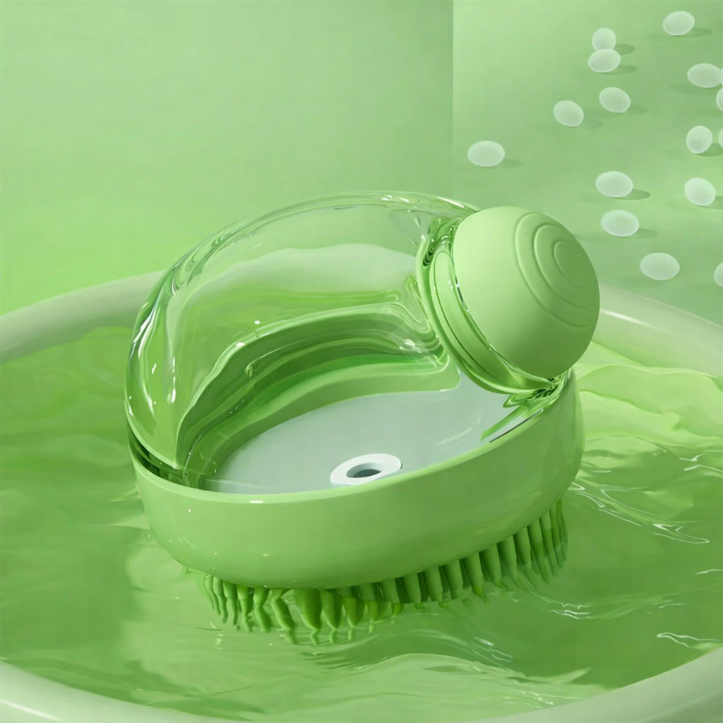 Brosse de bain pour chien avec distributeur de savon